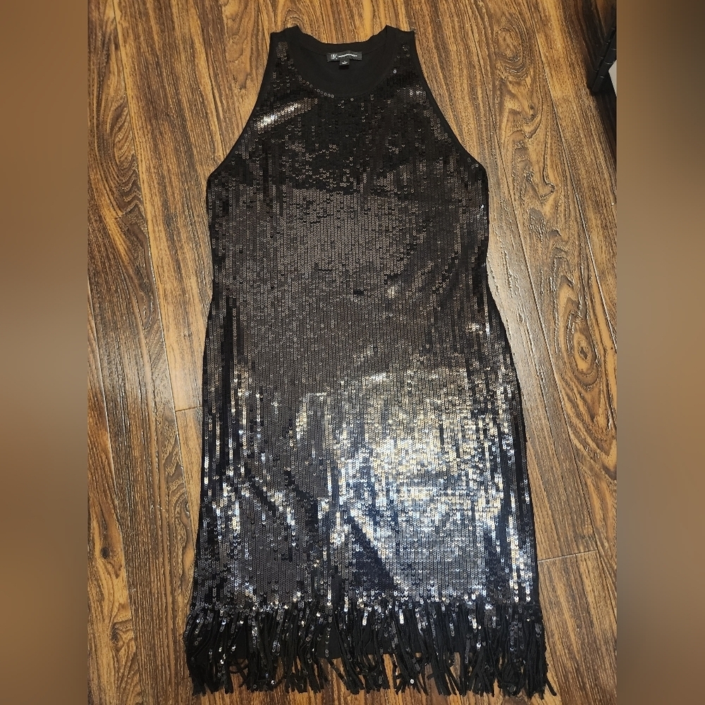 INC Int'l Concepts Black Sequin Sleeveless Sleek Sparkling Dress Sz L EUC